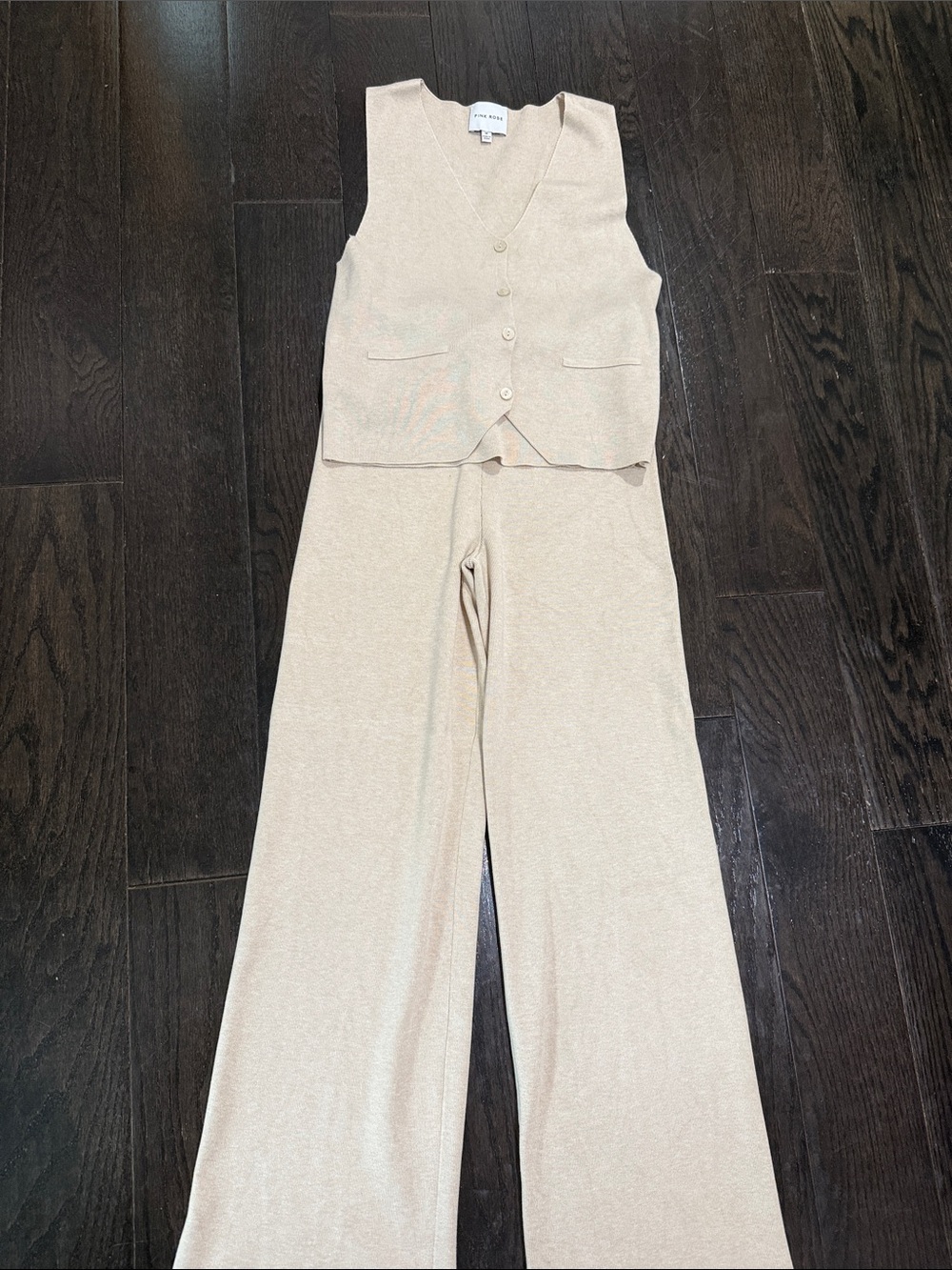 Pink Rose Cream Sleeveless Button Vest with Wide Leg Pants